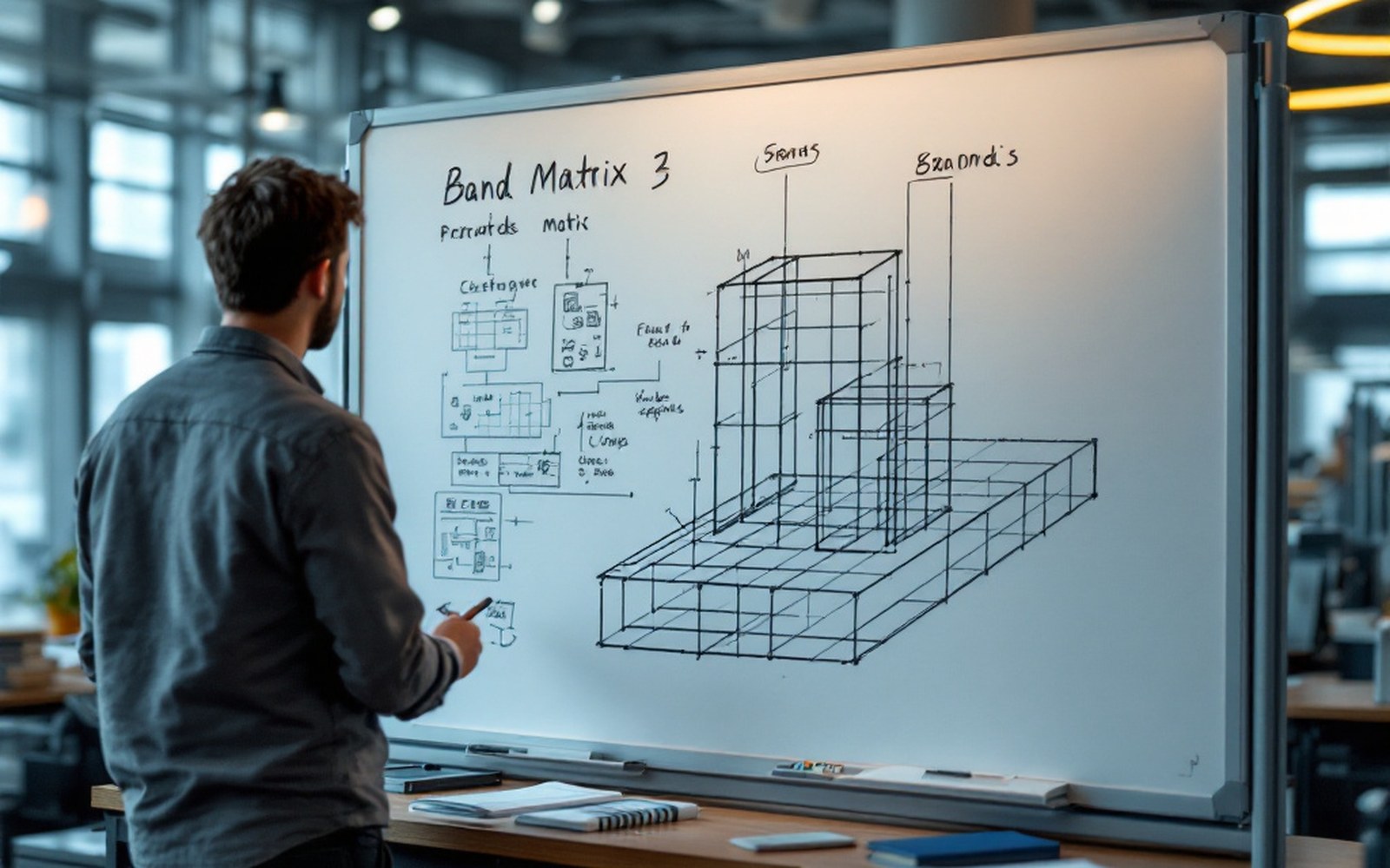 A whiteboard showing a banded matrix structure sketched out