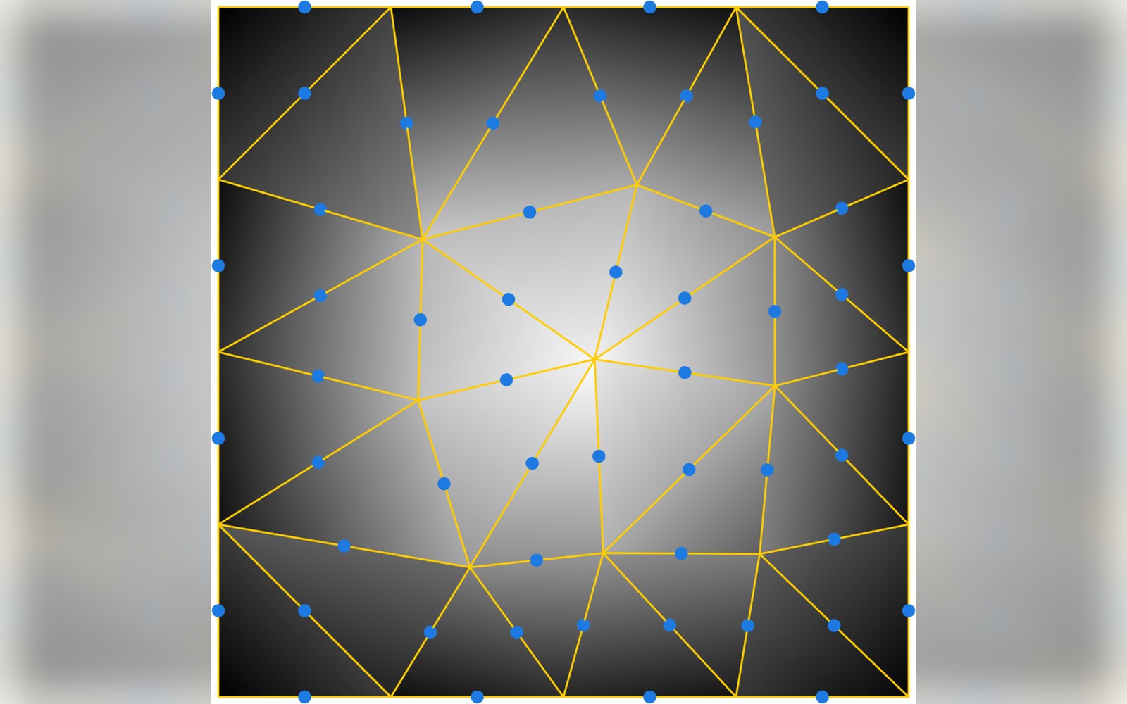 Triangular mesh grid with blue nodes connected by yellow lines on a gradient background