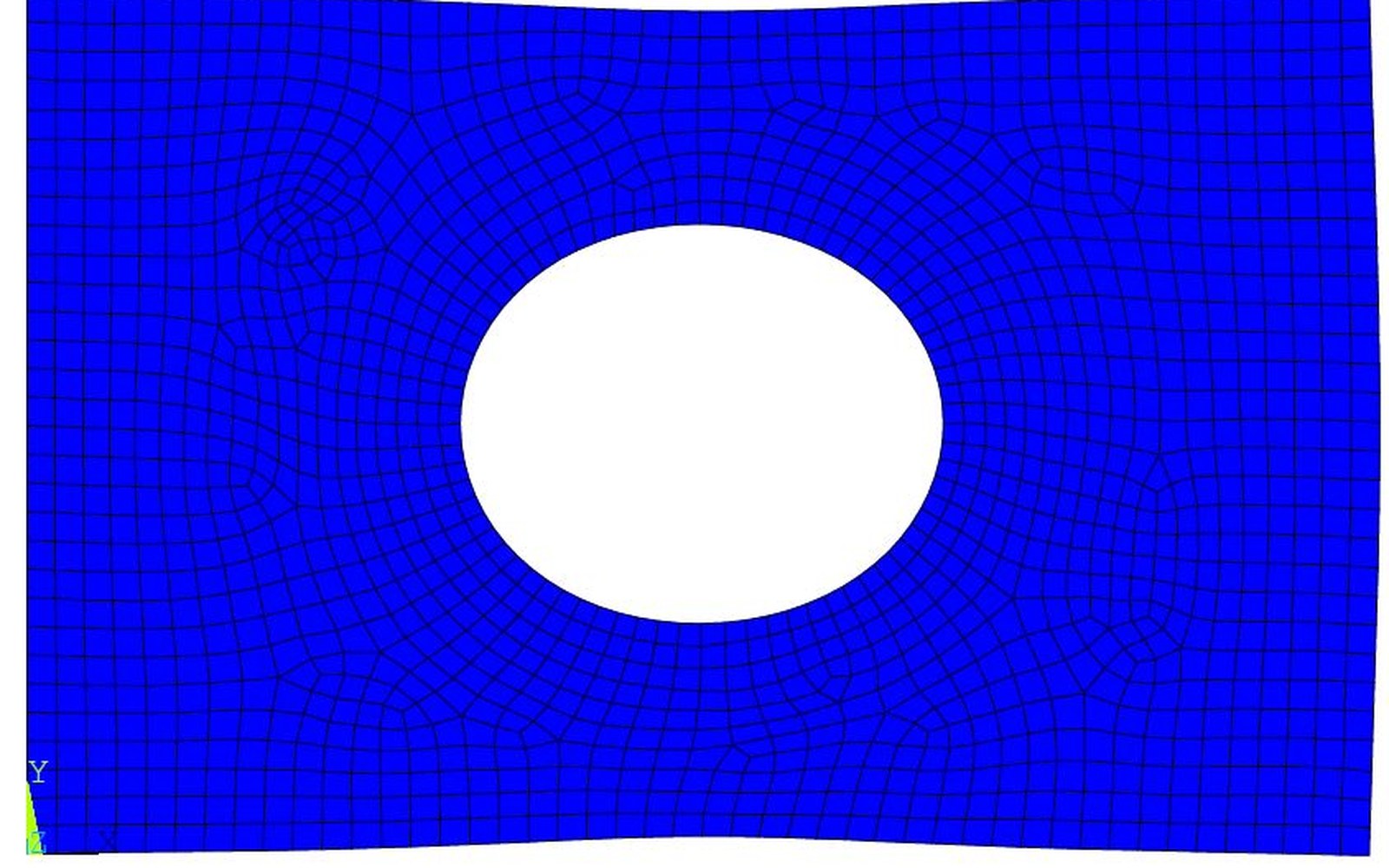 Finite element mesh with quadrilateral grid warping around a central circular hole