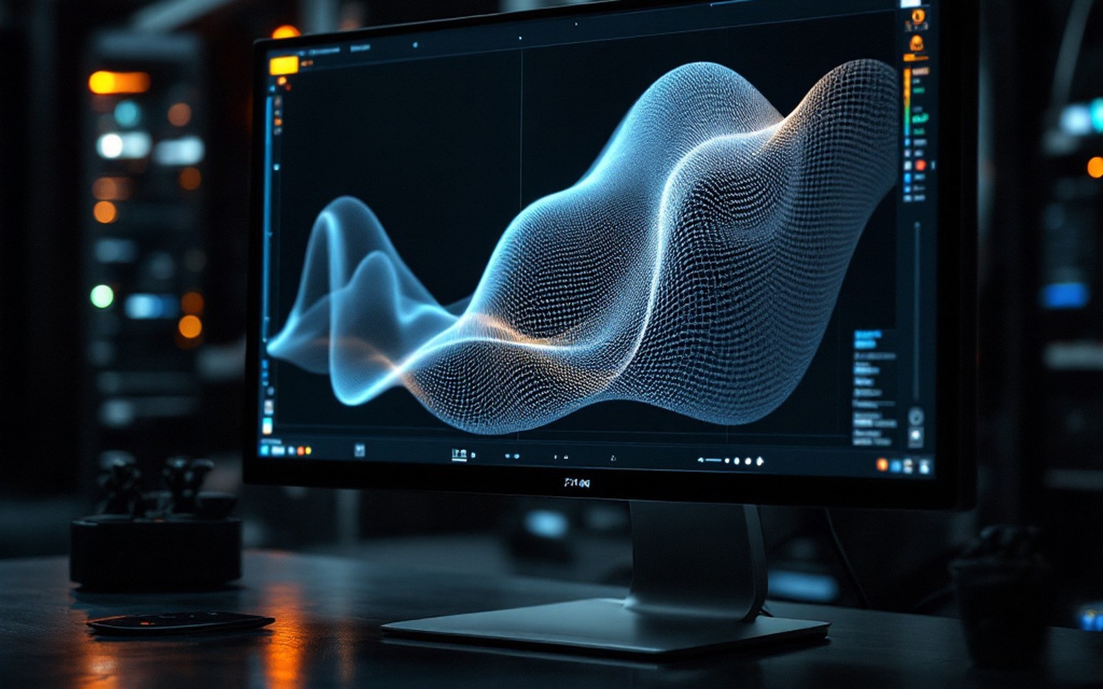 A finite element mesh displayed on a monitor with element edges visible, dim room